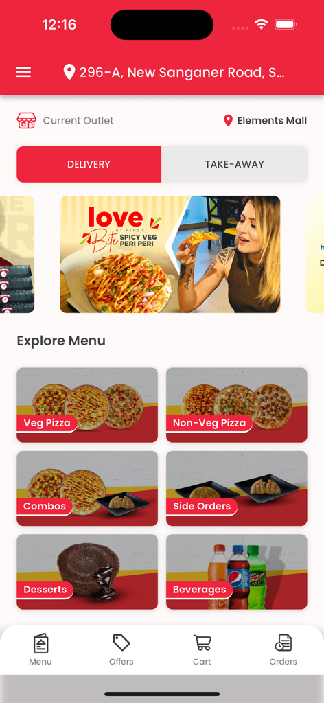 Rominus Pizza - Rominus Pizza app main menu showing pizza categories and delivery options