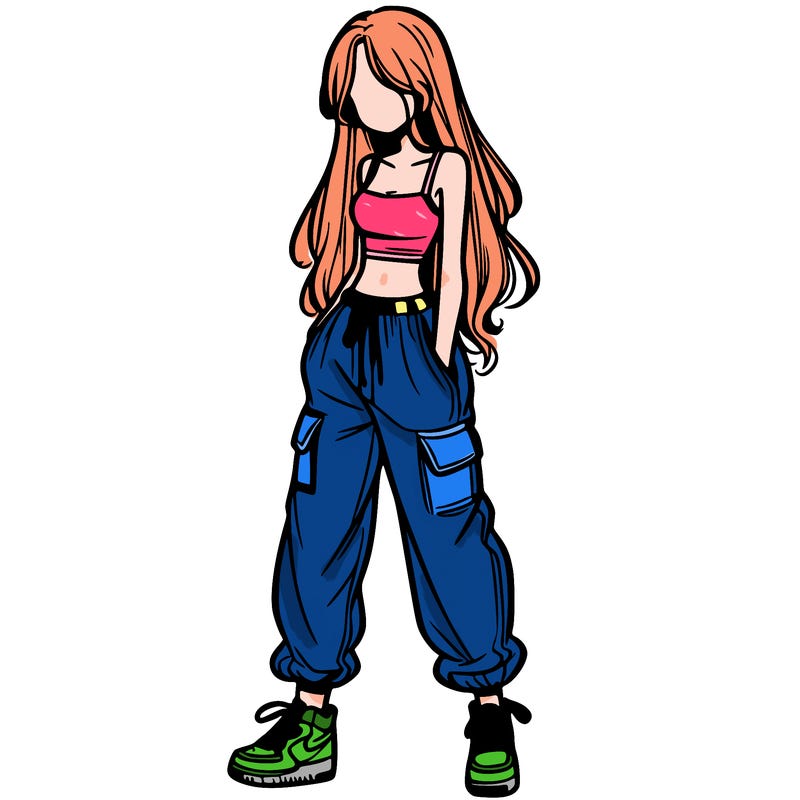 girl in baggy pants crop top and long hair