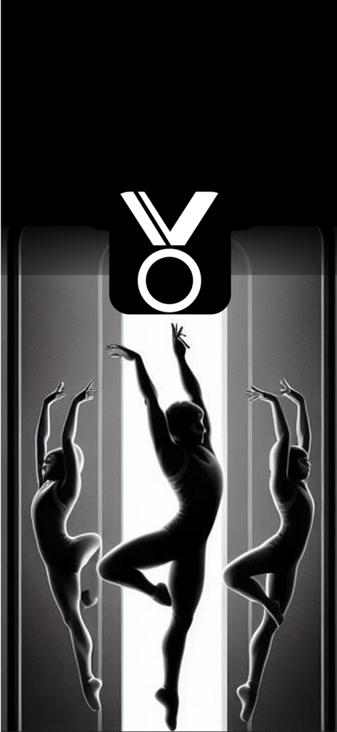 Künstlerische Silhouetten von drei Turnern unter einem Medaillen-App-Symbol