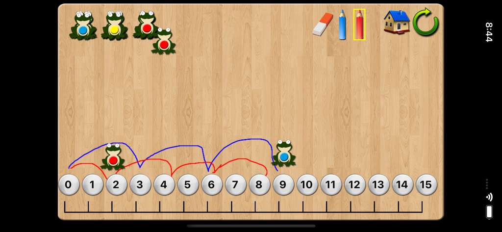 Number Lines School Edition - Interactive number line interface showing frogs jumping along a numbered scale from zero to fifteen with colored paths representing addition or counting.