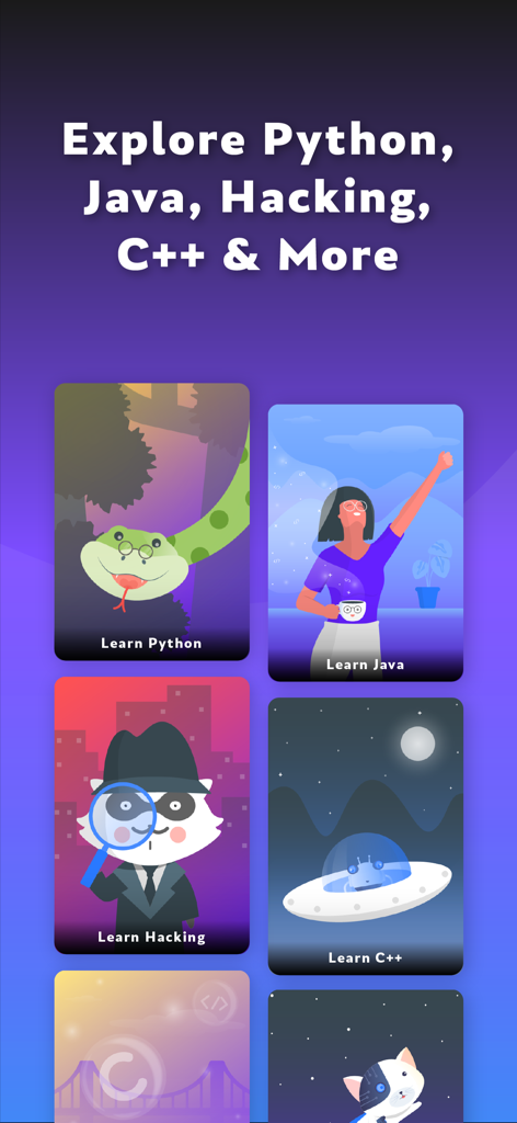 Coding X: Learn to Code - Interface of the Coding X app showing various programming courses for Python Java Hacking and C++ with colorful illustrations