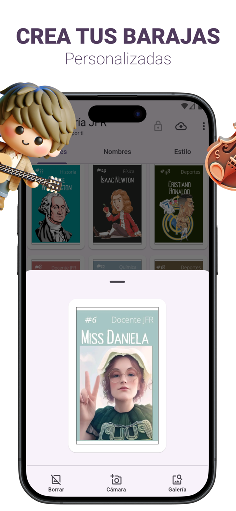 Barajaverso ® Lotería Mexicana - Interface of the Barajaverso app showing how to create personalized Mexican Loteria cards with custom photos and names