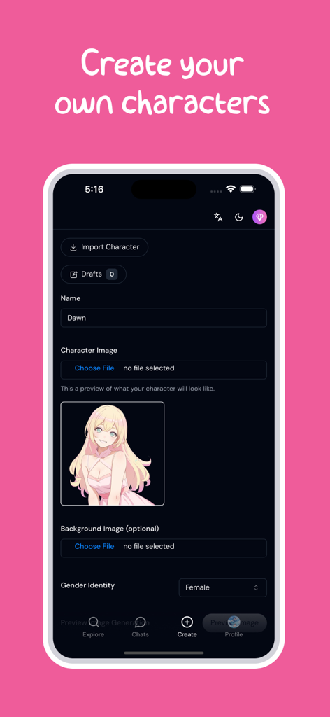 A screenshot showing the character creation screen in the Sakura app with an anime girl character named Dawn