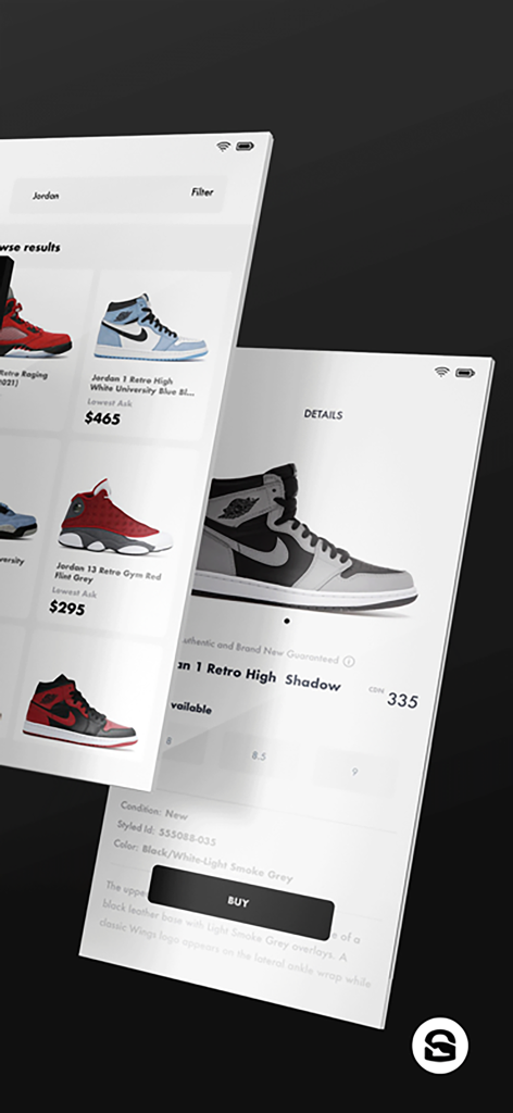 Smartphone screens displaying authentic Jordan sneakers for sale on the SAFE app