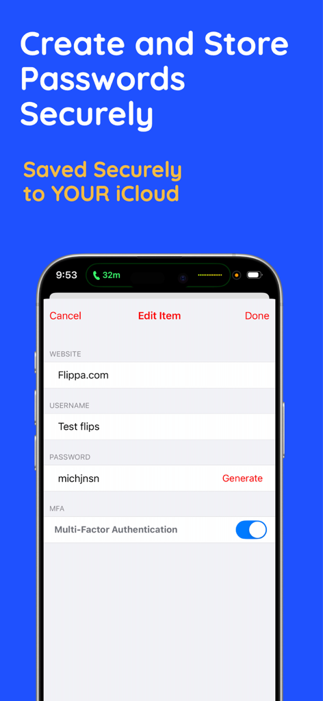 Interface of Finger Vault Password Manager showing password creation with multi factor authentication toggle and iCloud sync