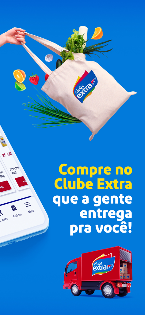 Clube Extra grocery delivery promotional graphic with shopping bag and truck