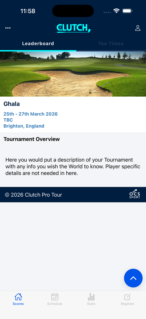 Tournament overview screen in the Clutch Pro Tour golf app showing details for the Ghala event in Brighton England