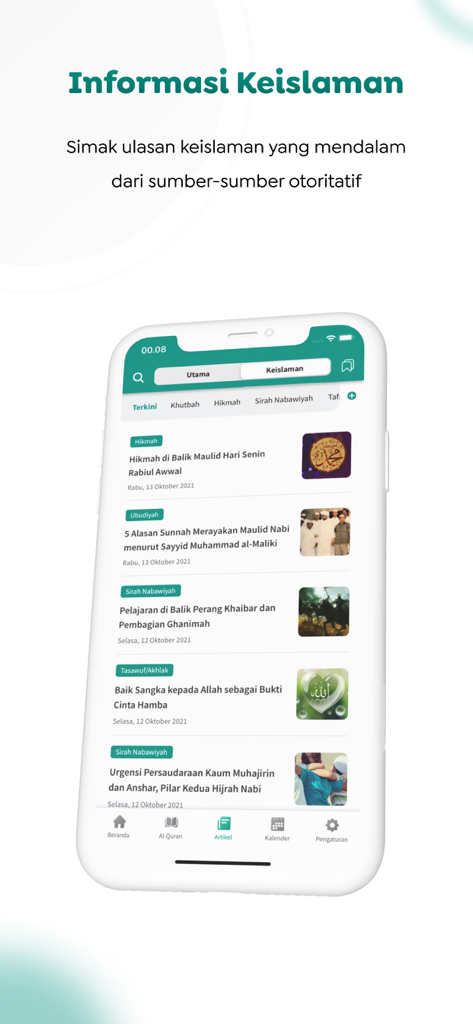 NU Online - Super App - Interface of the NU Online Super App showing a list of Islamic educational articles and categories