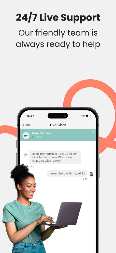 BNESIM: 5G eSIM Data profiles - Interface montrant le chat de support en direct BNESIM 24h/24 et 7j/7 sur un smartphone