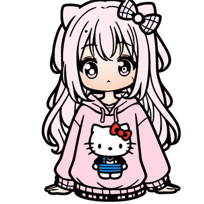 cute anime girl wearing a kuromi from hello kitty sweatshirt