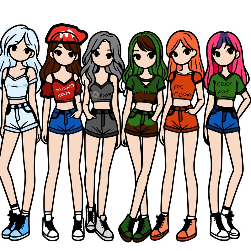 a group of girls wearing crop tops and shorts