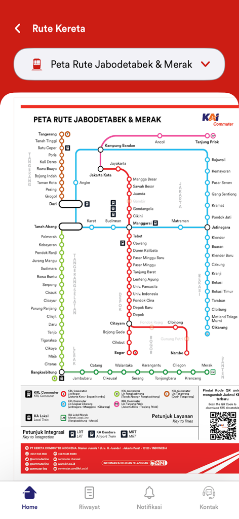 Train network route map for the Jabodetabek and Merak regions displayed in the C-Access mobile app