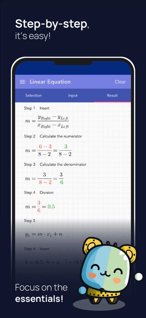Screenshot of the math app showing a detailed step-by-step solution for a linear equation problem