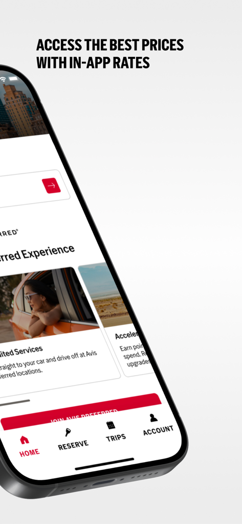 Avis app interface showing in-app rates and Avis Preferred loyalty program details on an iPhone.