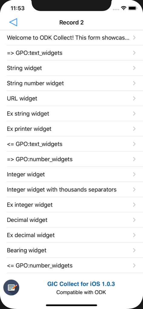 Uma lista de widgets de coleta de dados ODK no aplicativo GIC Collect para iOS.