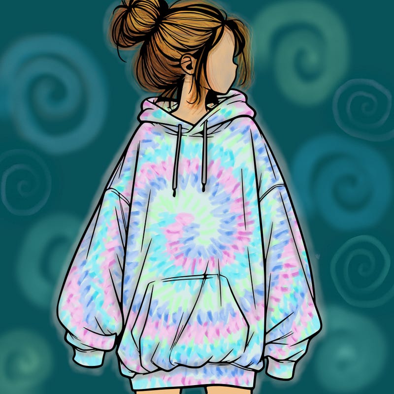 realistic girl with a oversized sweatshirt on and a bun