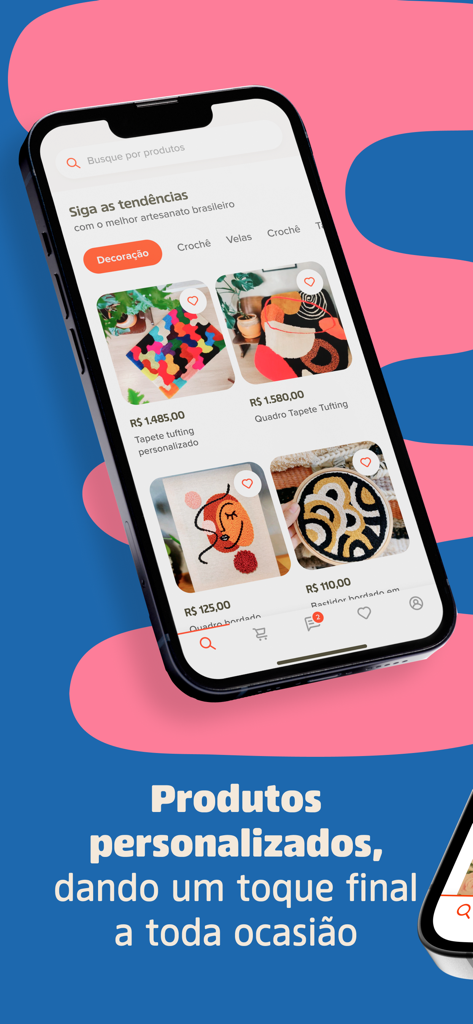 Interface de l'application Elo7 montrant des articles faits main personnalisés comme des tapis touffetés et de la broderie.