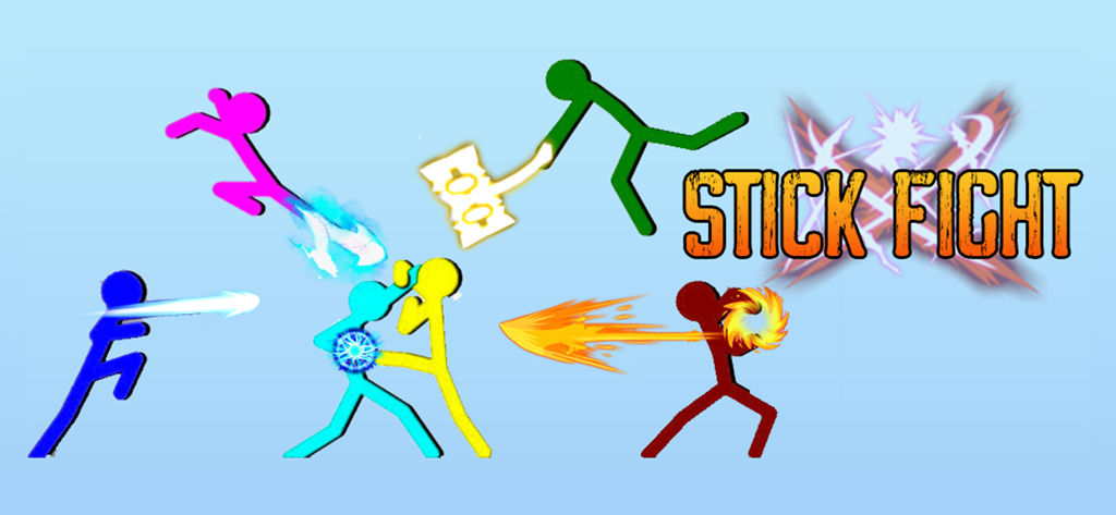 Stick Gang War: City Battle - Colorful stickman characters fighting with weapons and energy blasts in a battle scene