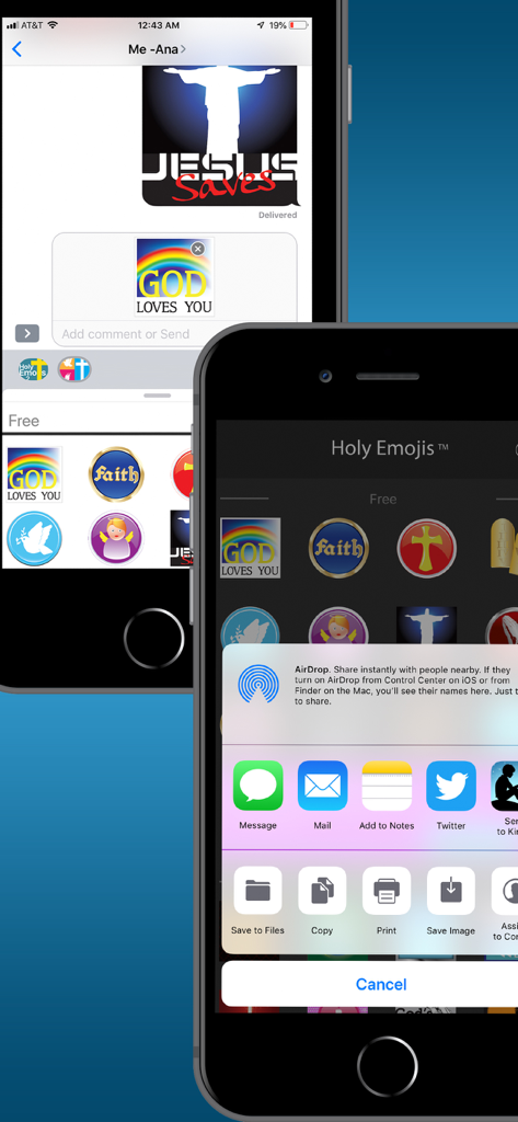 Interfaz de la aplicación Holy Emojis que muestra pegatinas religiosas y opciones para compartir en la pantalla de un iPhone