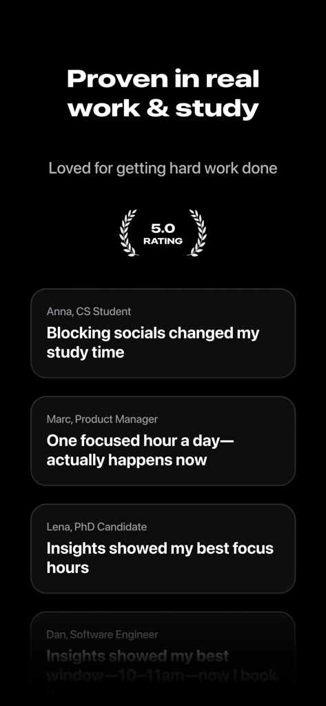 Lock In: Focus Timer & Blocker - Testimonios de usuarios y calificación de 5.0 para la aplicación de enfoque Lock In.