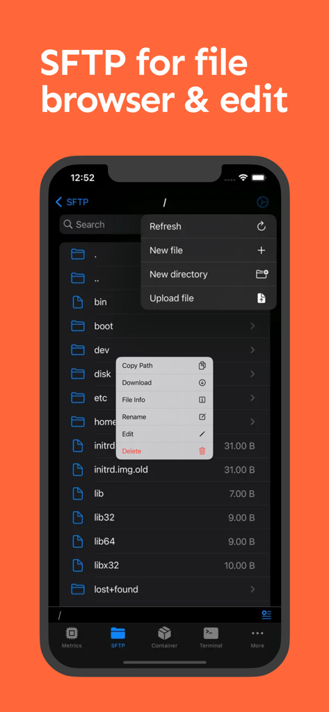 NeoServer: SSH Client|Terminal - NeoServer mobile app interface showing SFTP file browser and file management options on an iPhone screen
