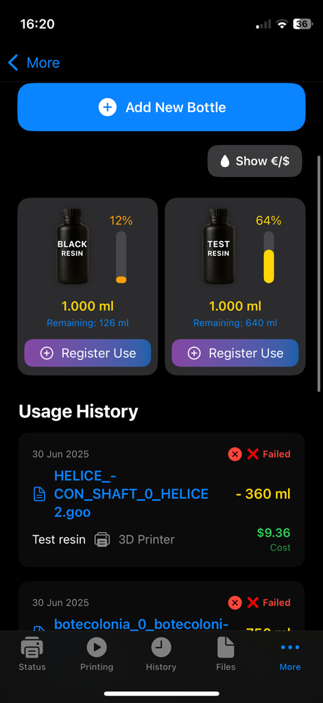 Resin Control - Interfaz de aplicación móvil para rastrear el inventario de resina de impresión 3D y el historial de uso.