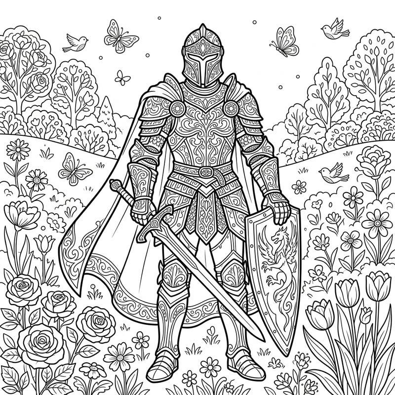 Embark on a creative quest with a noble fantasy knight, ready for adventure amidst a flourishing spring garden. This intricate coloring page blends epic fantasy with the vibrant beauty of the season, offering a truly engaging artistic experience.