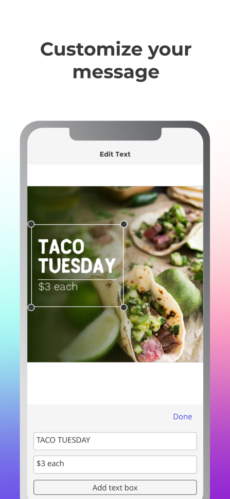 Ripl: Social Media Marketing - Ripl app interface showing how to customize text on a social media post template for a restaurant