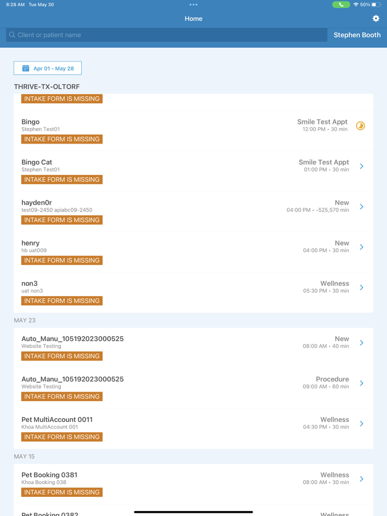 SMILE - A Vet Practice App - SMILE veterinary practice app home screen showing a list of pet patient appointments and missing intake form status alerts