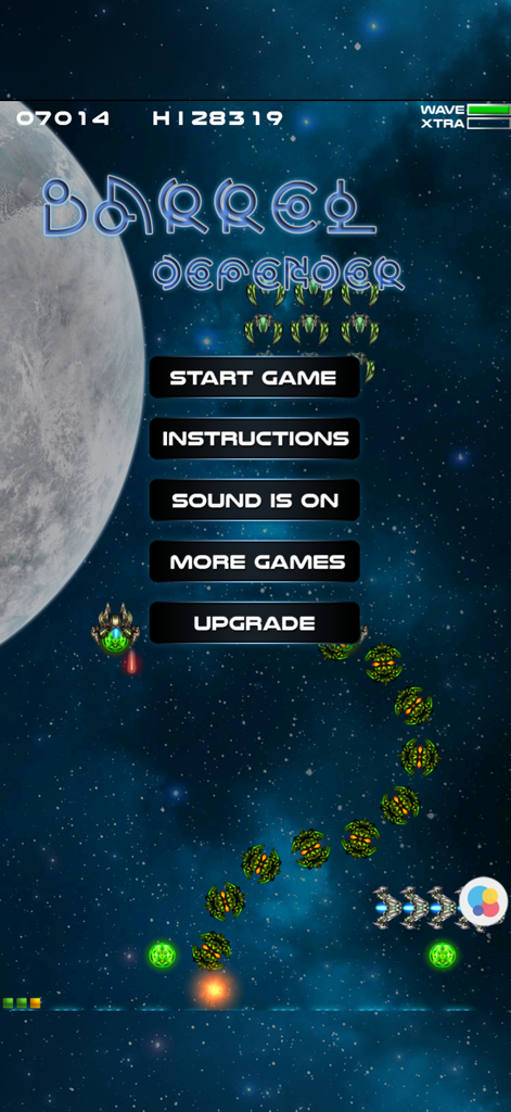 Pantalla del menú principal de Barrel Defender Galaxy que muestra botones retro de shooter espacial y naves alienígenas