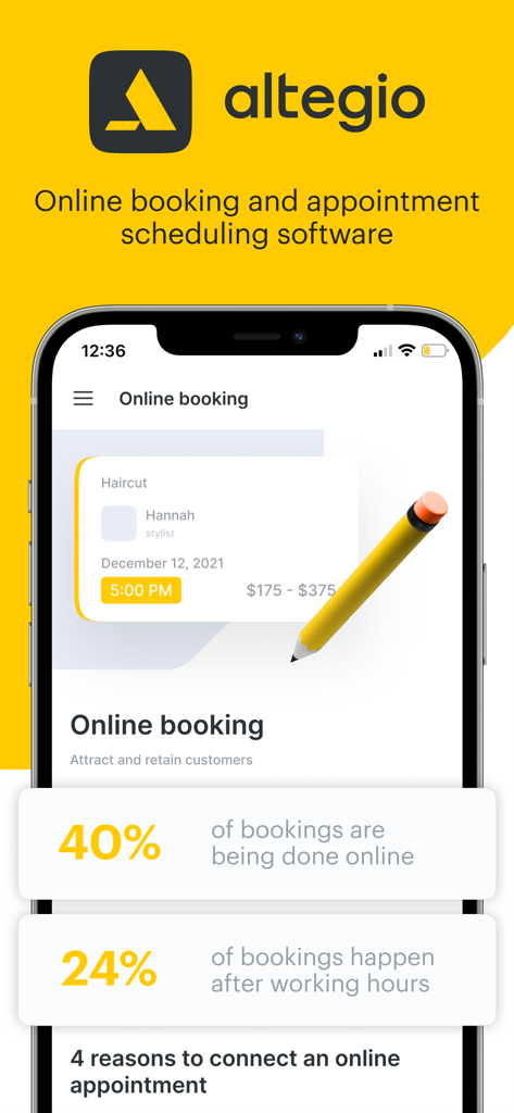 Altegio-App zeigt die Online-Buchungsoberfläche und Statistiken auf einem Smartphone-Bildschirm