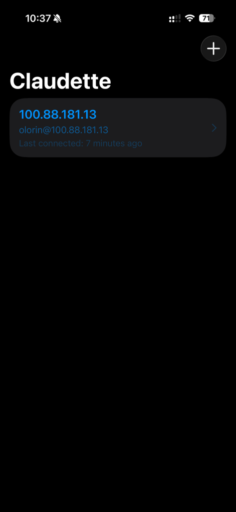 Claudette Mobile - Claudette Mobile app interface showing a list of saved SSH server connection profiles for Claude Code