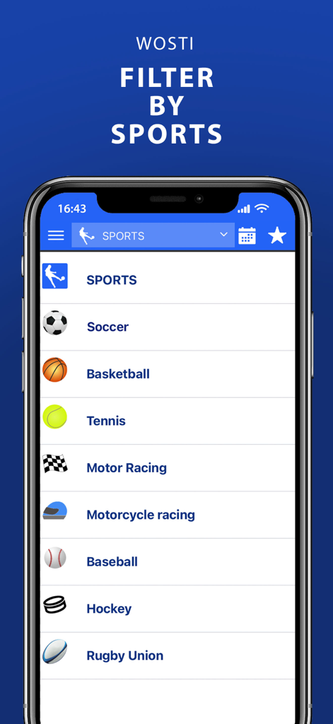 WOSTI Sports TV - Filter by sports menu in the WOSTI Sports TV app listing categories like soccer and basketball