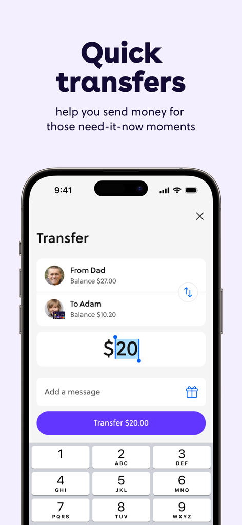Parent using the GoHenry app to send a quick money transfer to their child