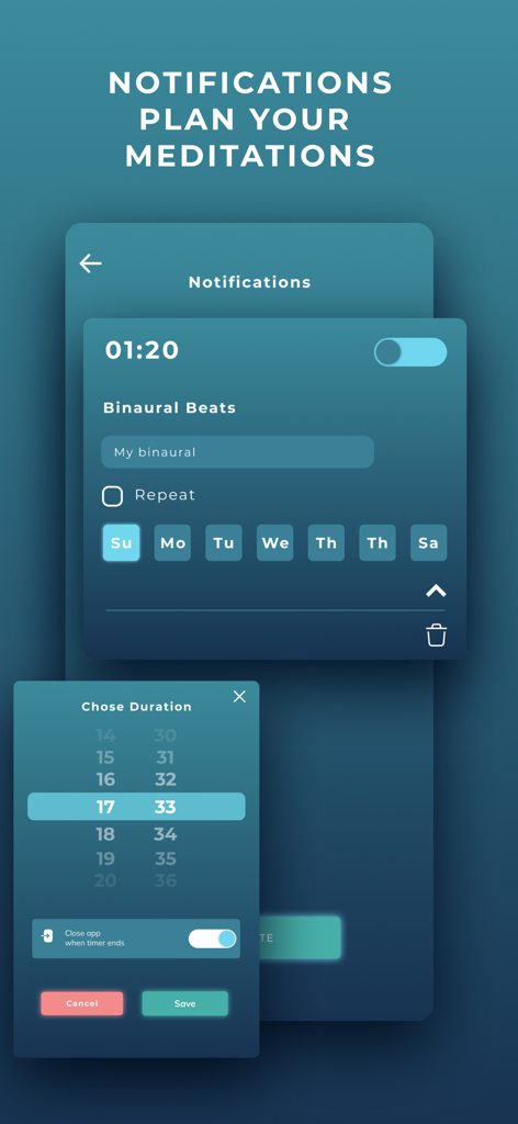 Healing Sounds- Sound Therapy - The meditation scheduling screen of the Healing Sounds app showing notification and duration settings