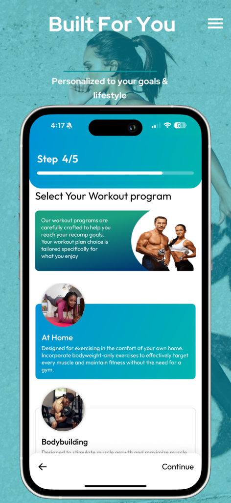 BodyRecomp: Meal & Workout - パーソナライズされたワークアウトプログラムを選択するためのモバイルアプリ画面。自宅用とボディビルディング用のオプションがあります。