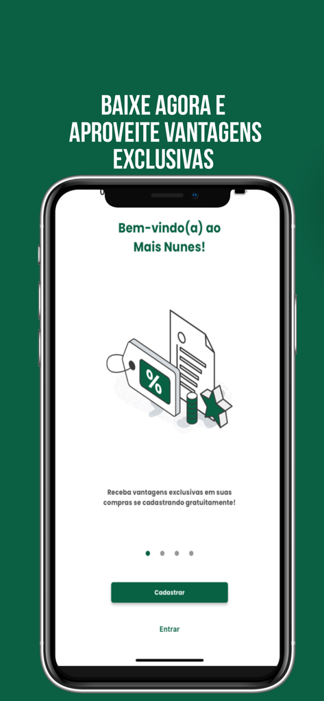 Mais Nunes - Pantalla de bienvenida de la aplicación de compras Mais Nunes invitando a los usuarios a registrarse para obtener beneficios de compra exclusivos