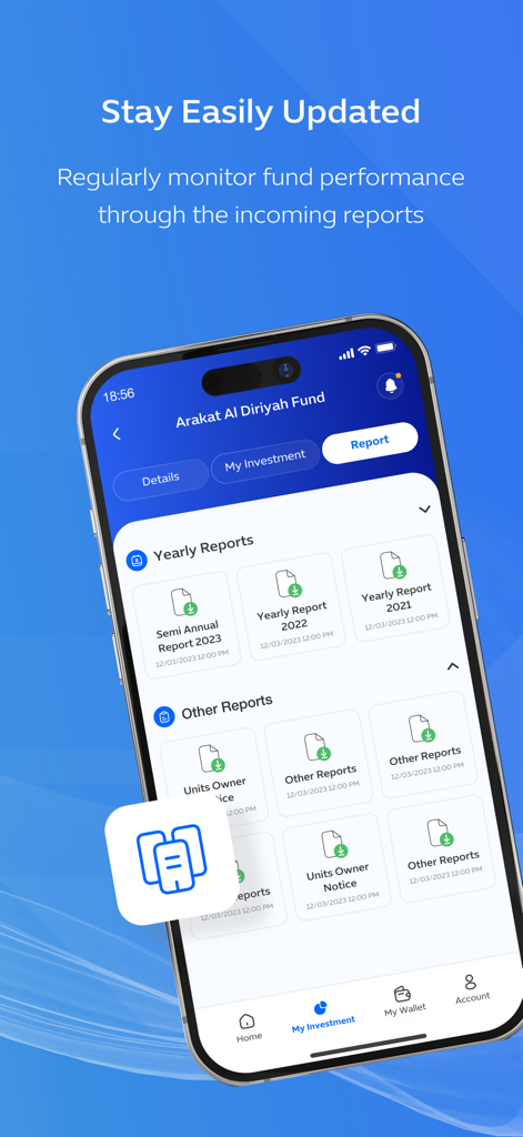 Interface of Aseel app displaying yearly investment fund reports.
