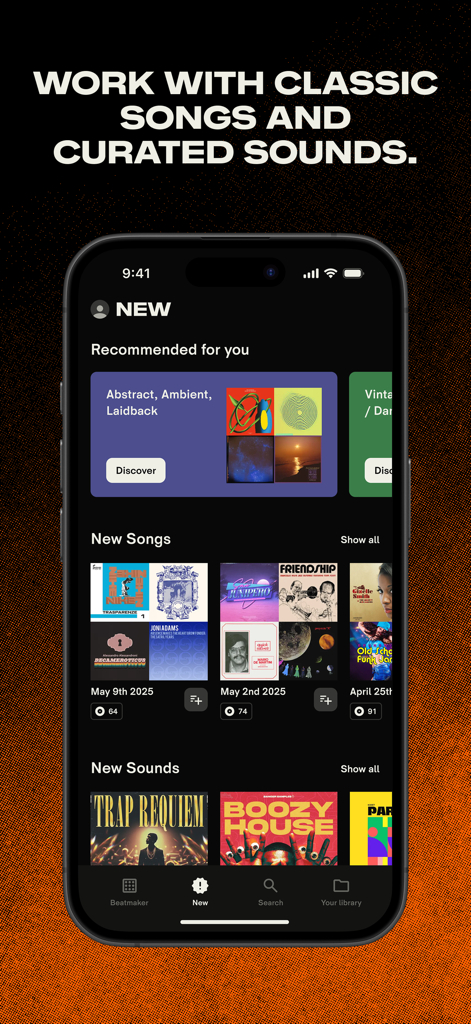 Tracklib - Beatmaker & Samples - Tracklib app screen showing recommended music samples and new sounds for producers
