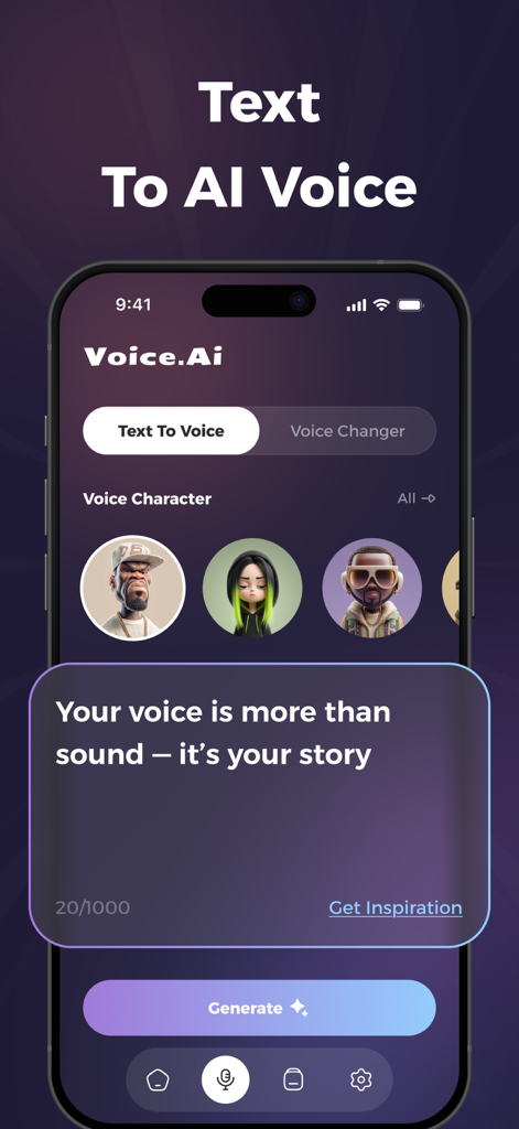 Schermata dell'app Voice FX che mostra il generatore di testo in voce AI con vari avatar di personaggi