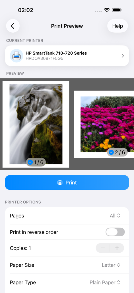 Mobile print preview screen in PrinterShare app with photo selection and printer settings