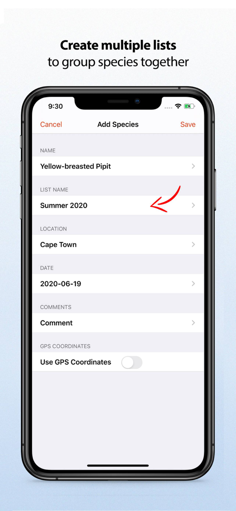 Sasol eBirds Southern Africa - 앱에서 위치 및 날짜 세부 정보와 함께 사용자 정의 목록에 조류 관찰 기록 추가