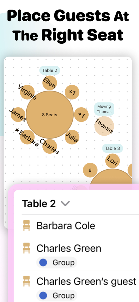 Wedding Seating Chart Planner - A digital floor plan tool for arranging wedding guests at circular tables.