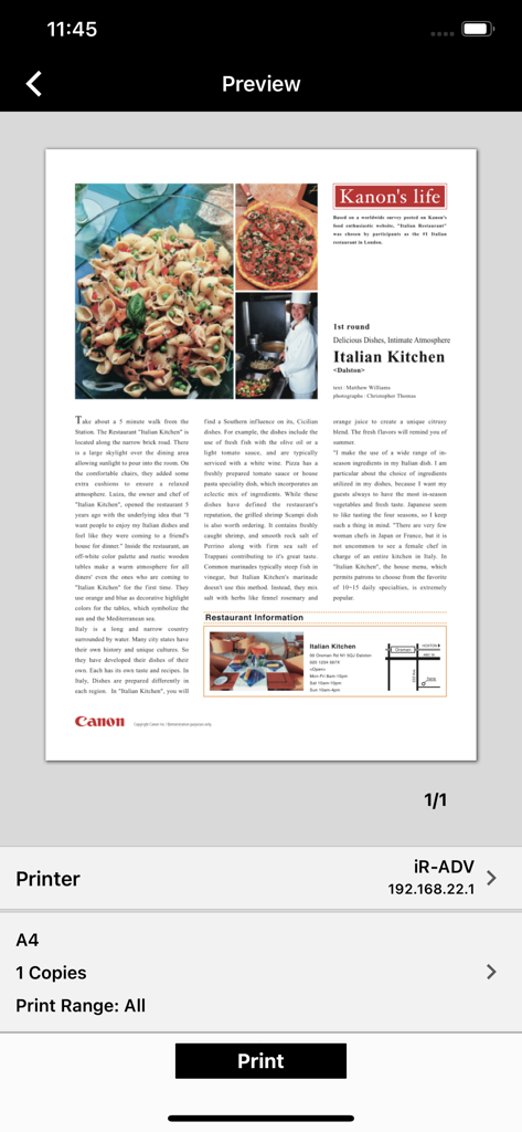 Canon PRINT Business app document preview and print settings screen showing printer selection and print options