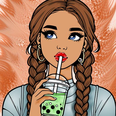 realistic girl with braided hair drinking boba