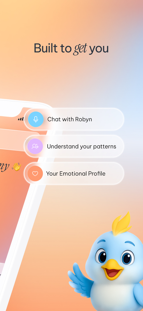 Robyn: Talk, Feel, Grow - Interface of the Robyn app showing chat features and emotional profile options with a blue bird mascot