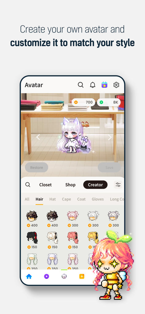 MapleStory Worlds - A pixel art character customization screen in the MapleStory Worlds app showing various hair styles and accessories