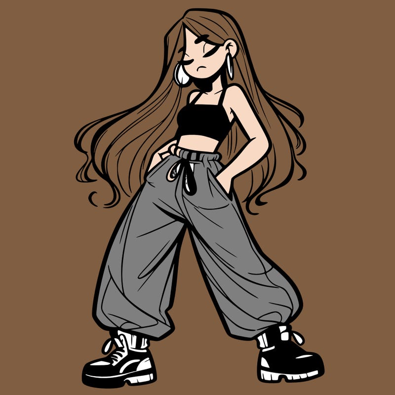 girl in baggy pants crop top and long hair