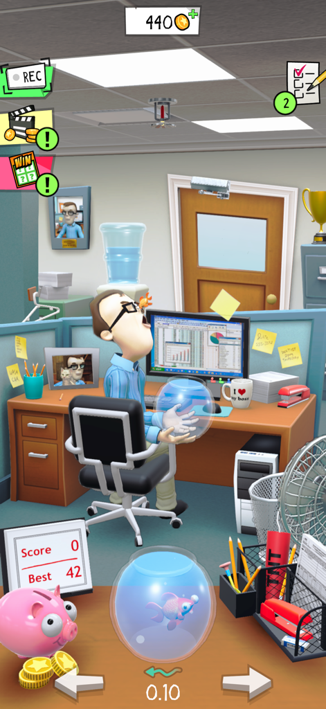 Gameplay screenshot of Office Jerk showing a goldfish hitting a coworker in his cubicle