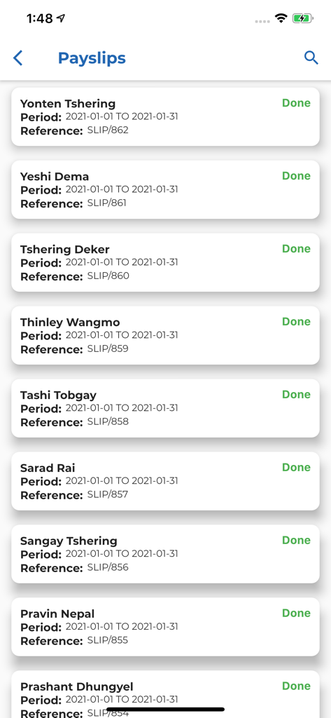 HRstation - HRstation app interface showing a list of employee payslips with names pay periods and completion status